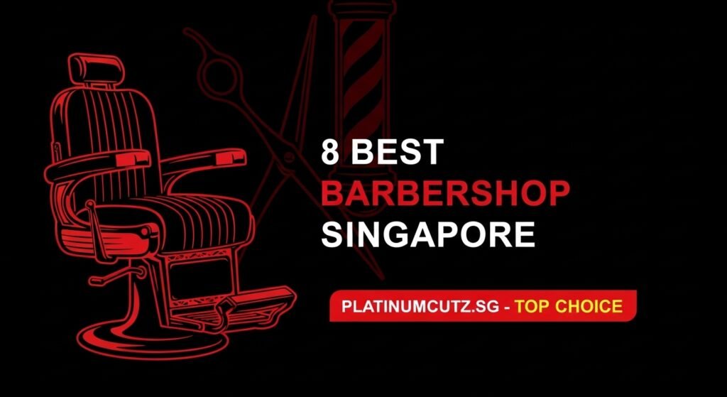 Design a bold and modern featured image for a blog post titled “8 Best Barbershop Singapore”. Theme colors: black and deep red (no white background). Main element: a stylish barber chair silhouette with subtle barber pole or scissors in the background. Minimal text: “8 Best Barbershop Singapore” in bold, red font. Add a small, clear highlight/badge: “PlatinumCutz.sg – Top Choice” in gold or bright red, placed neatly without clutter. 8 best barbershop singapore